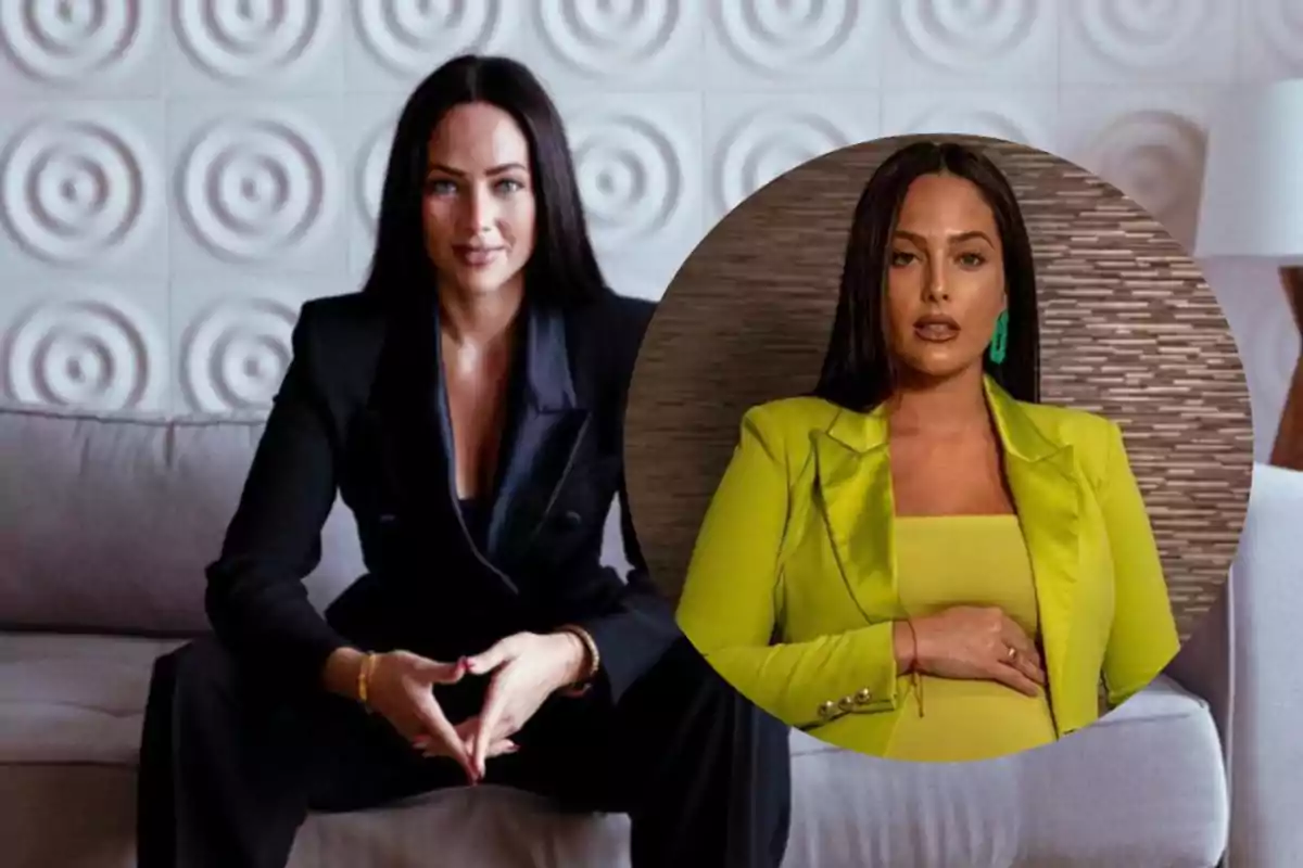 Una mujer con traje negro sentada en un sofá con una imagen superpuesta de ella misma usando un traje verde.